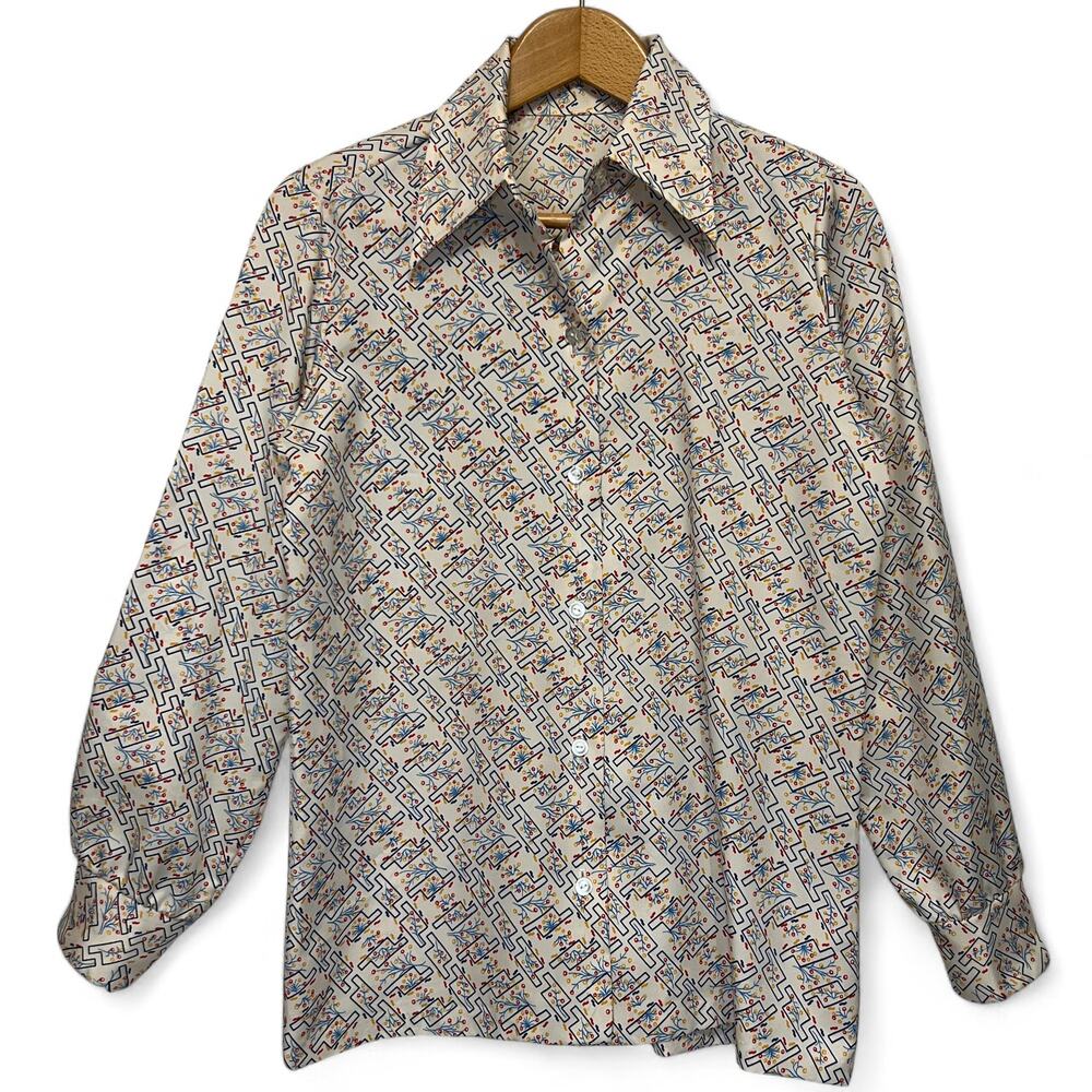 Vintage 1970s Womens Sz Large Multi-Color Print Blouse Dart Collar Long Sleeve